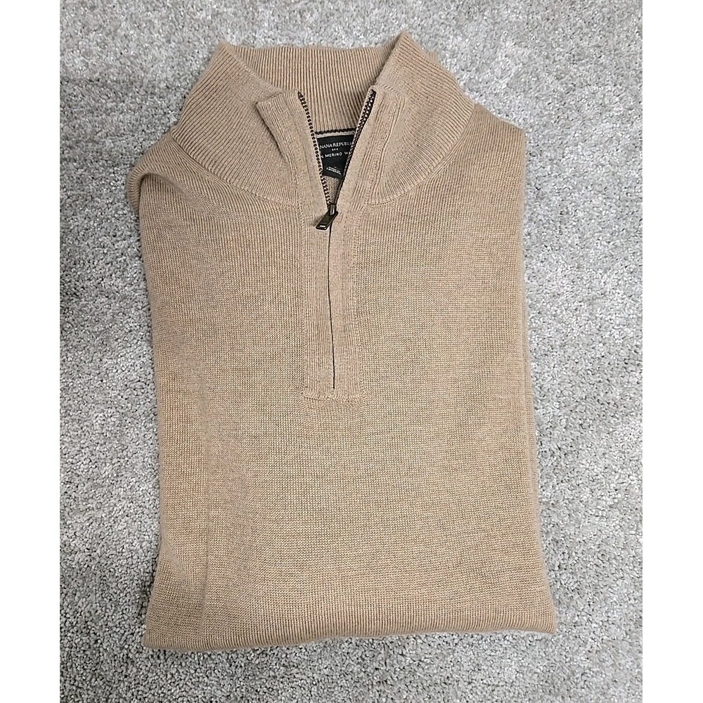 Banana Republic 100% Merino Wool ‎ Quarter Zip Pullover Sweater Beige Men's Sz L - Picture 8 of 10